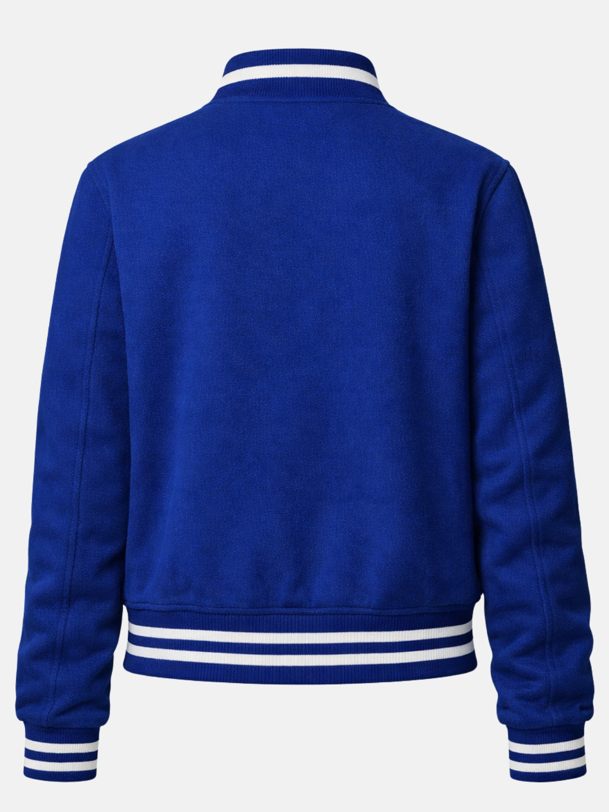 Flat lay back of royal blue wool jacket showing the solid back panel