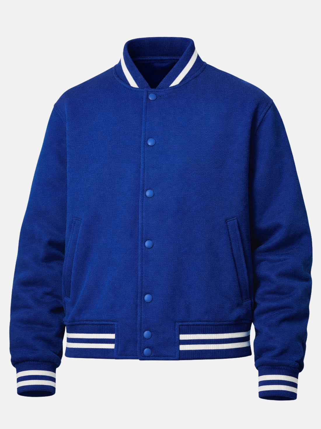 Royal blue wool letterman jacket with white ribbed collar on model