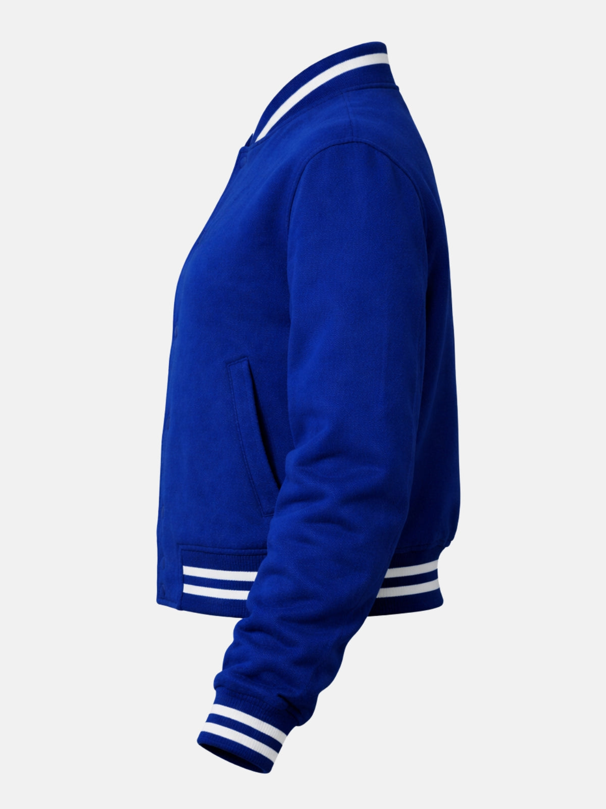 Flat lay side view of royal blue wool jacket showing welt pocket detail