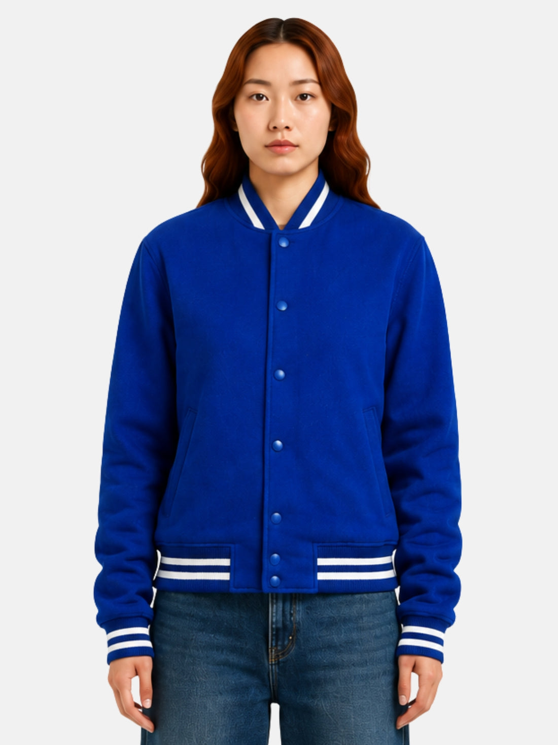 Royal blue wool letterman jacket with white ribbed collar on model