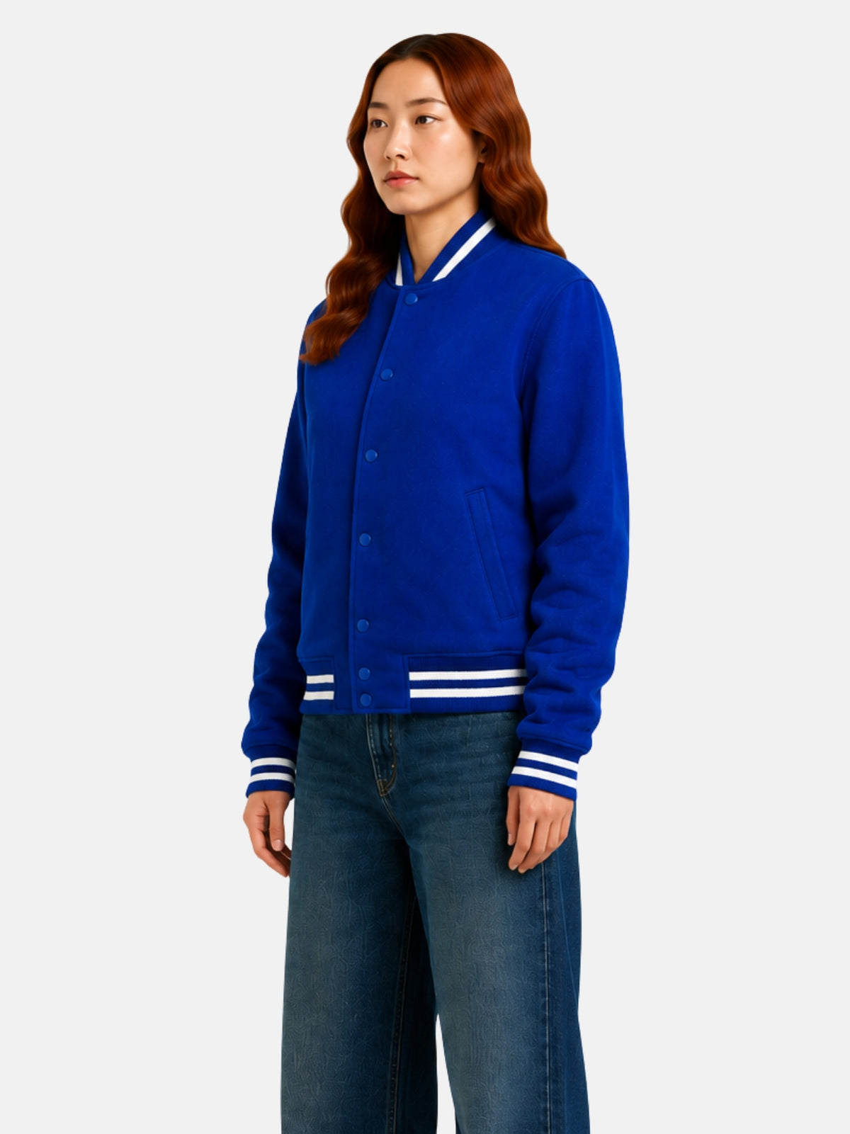 Angled view of royal blue wool jacket showing tonal snap buttons