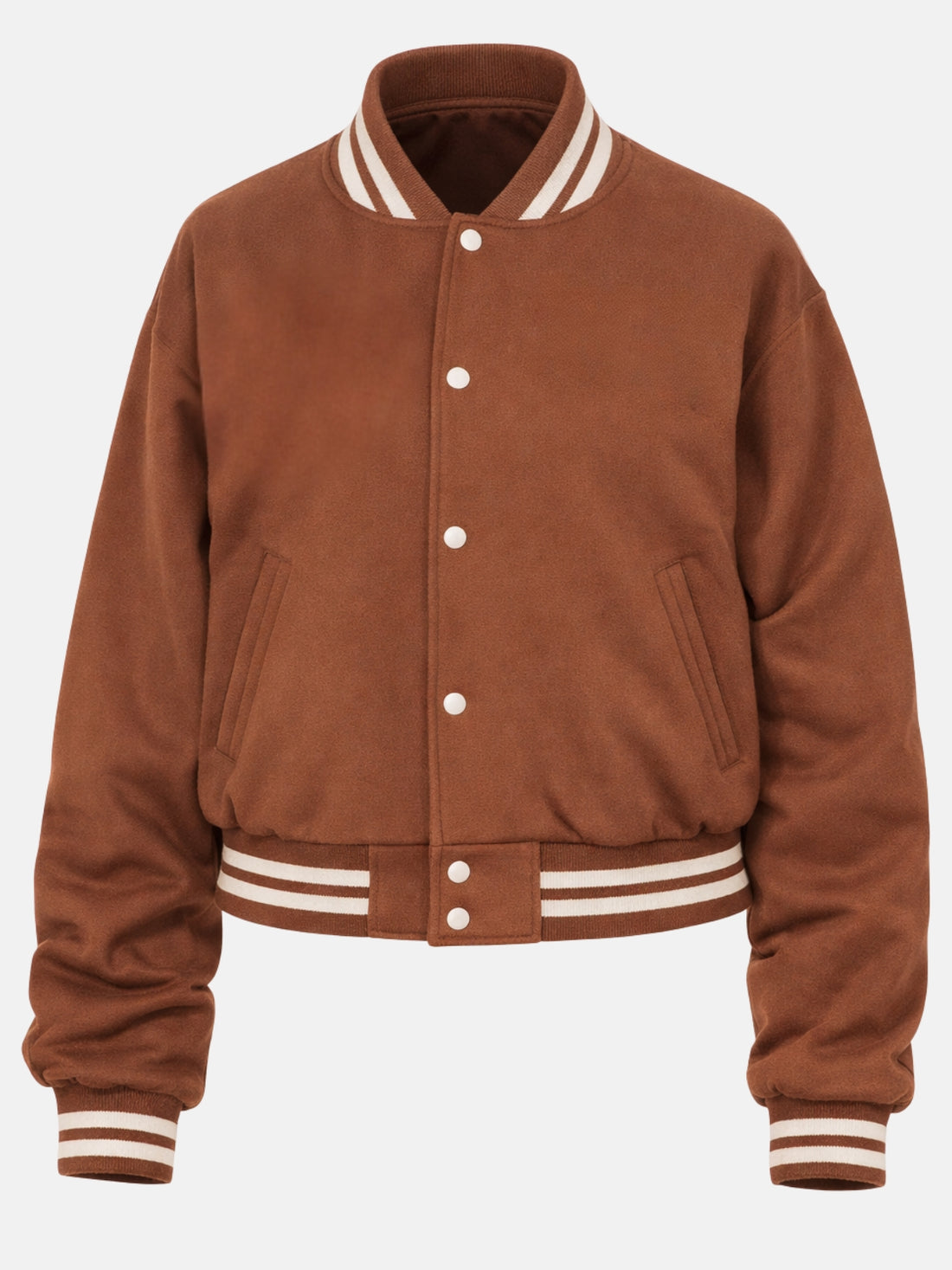 Rust brown wool letterman jacket with cream ribbed collar on model