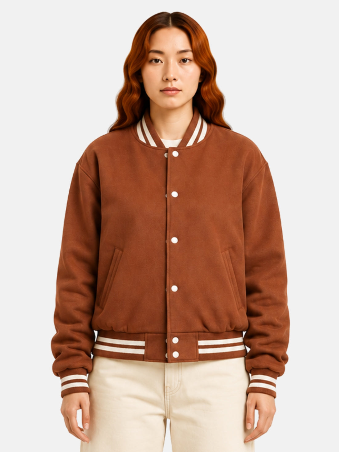 Rust brown wool letterman jacket with cream ribbed collar on model