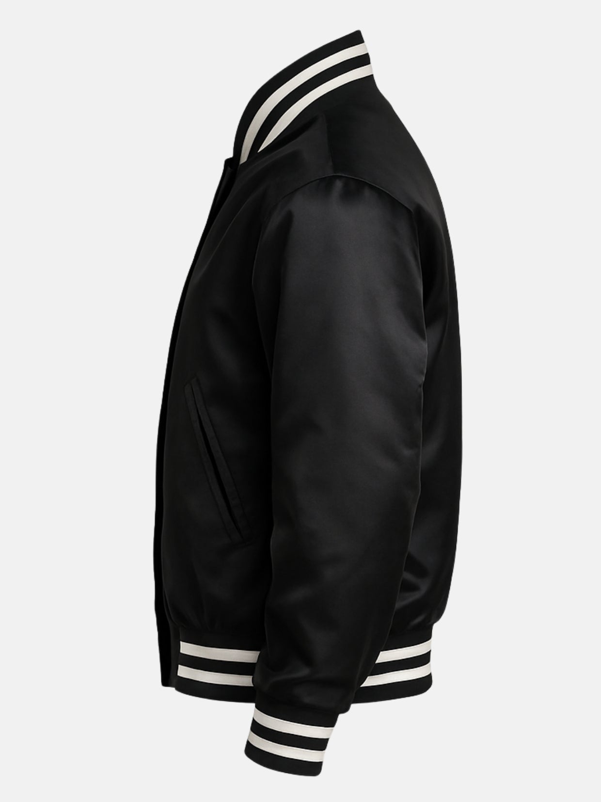 Reverse side view of a black satin varsity jacket with black and white striped trims
