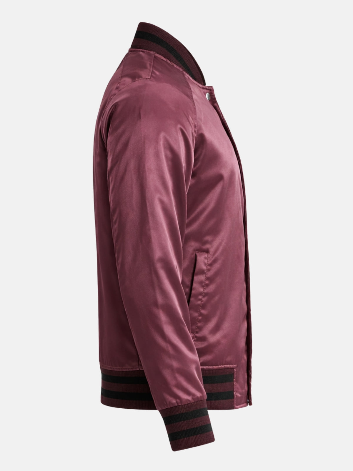Side flat view of maroon satin varsity jacket with striped hem and cuffs