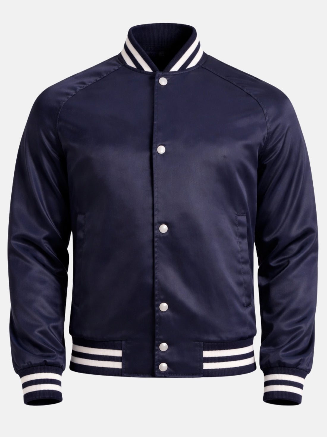 Man wearing a navy satin varsity jacket in bomber style with striped rib trims