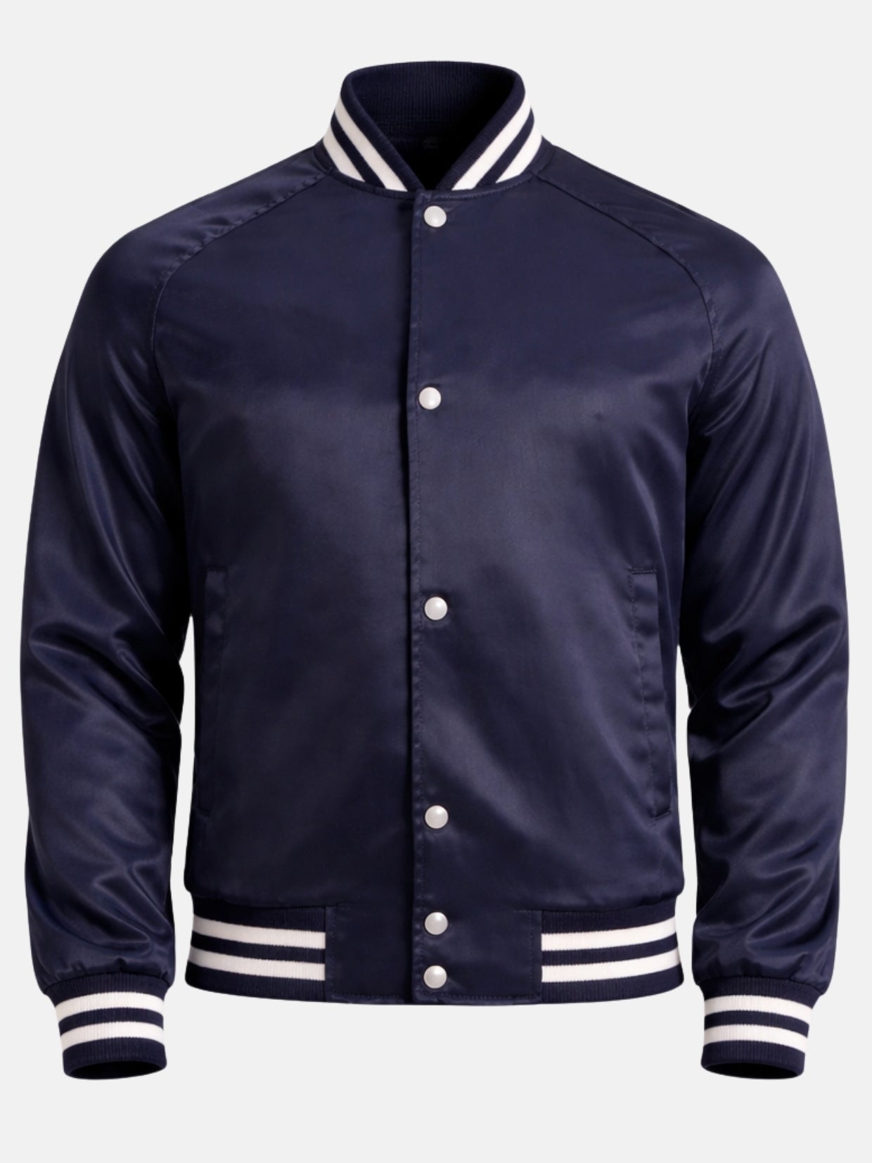 Navy satin varsity jacket flat front with white snaps and striped collar