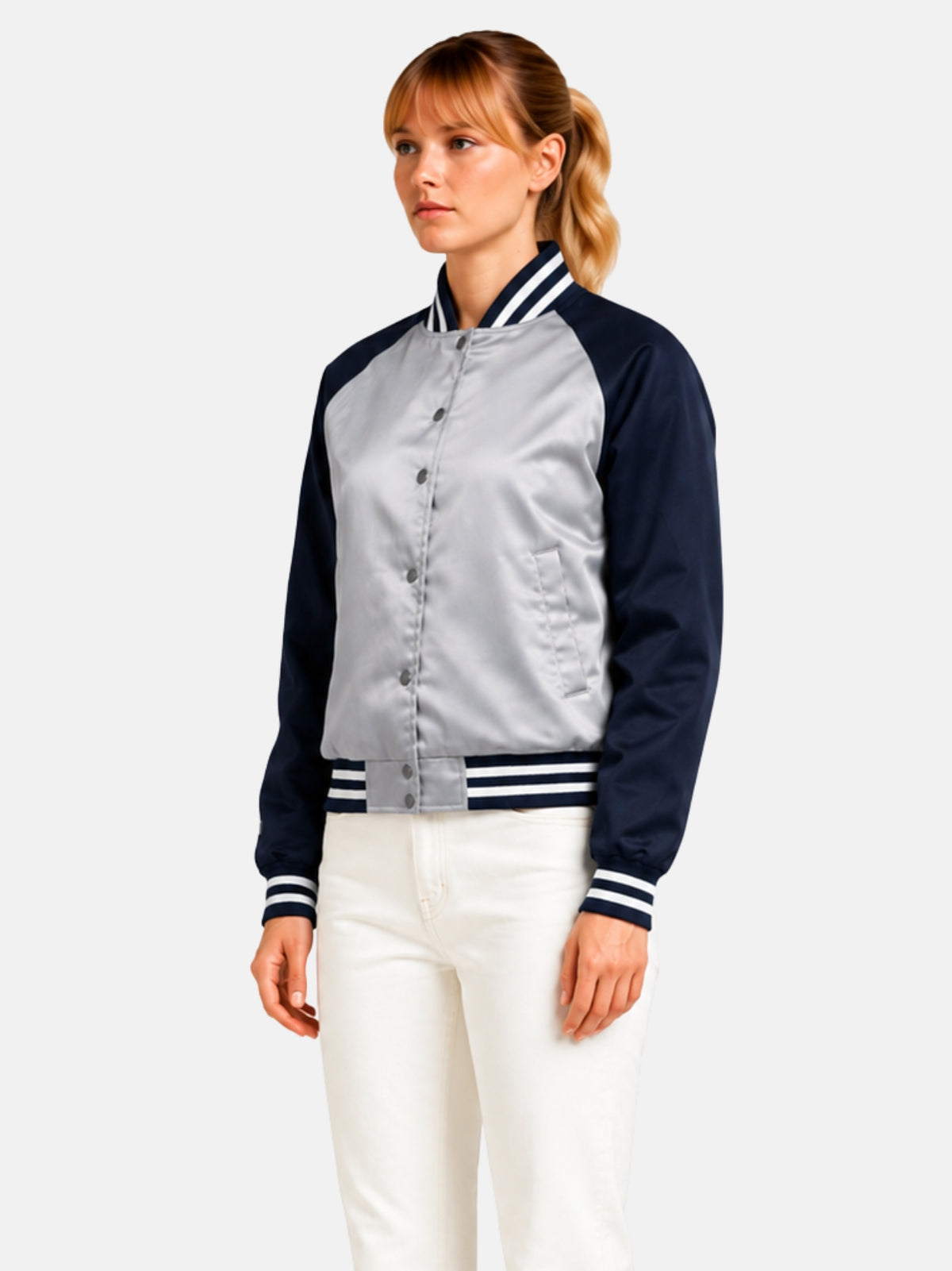 Angled full-body view of silver and navy satin varsity jacket