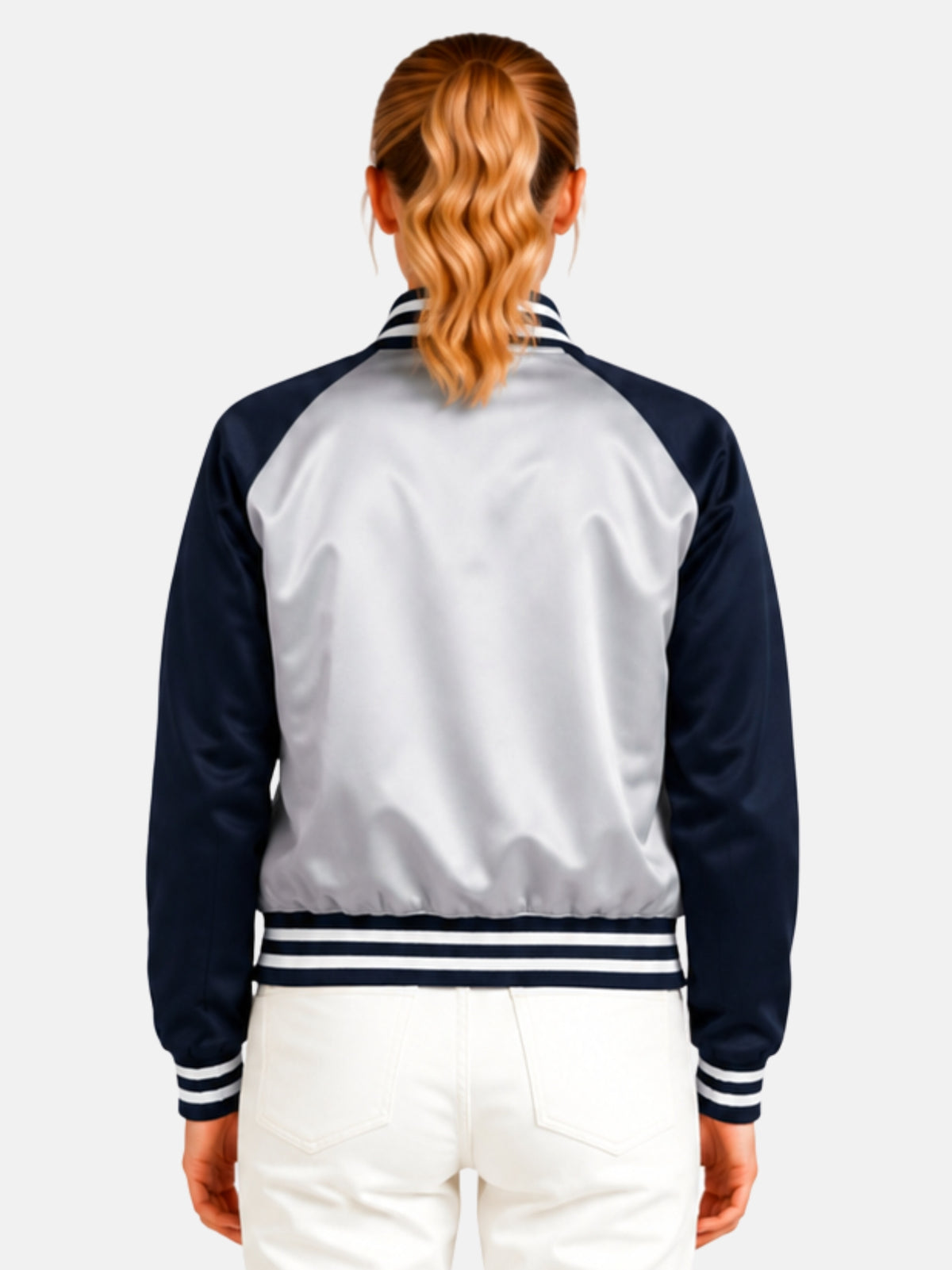 Back view of silver and navy satin varsity jacket with ribbed trim
