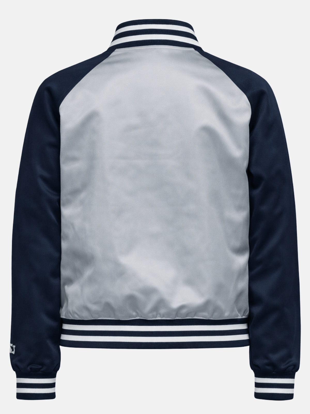 Flat lay back of silver and navy satin jacket showing raglan seam
