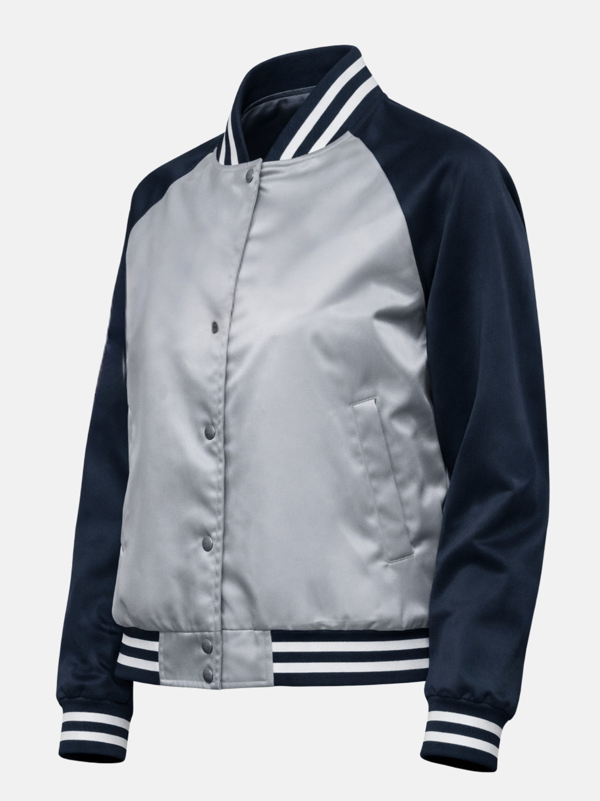 Flat lay front of silver and navy satin jacket highlighting snap placket