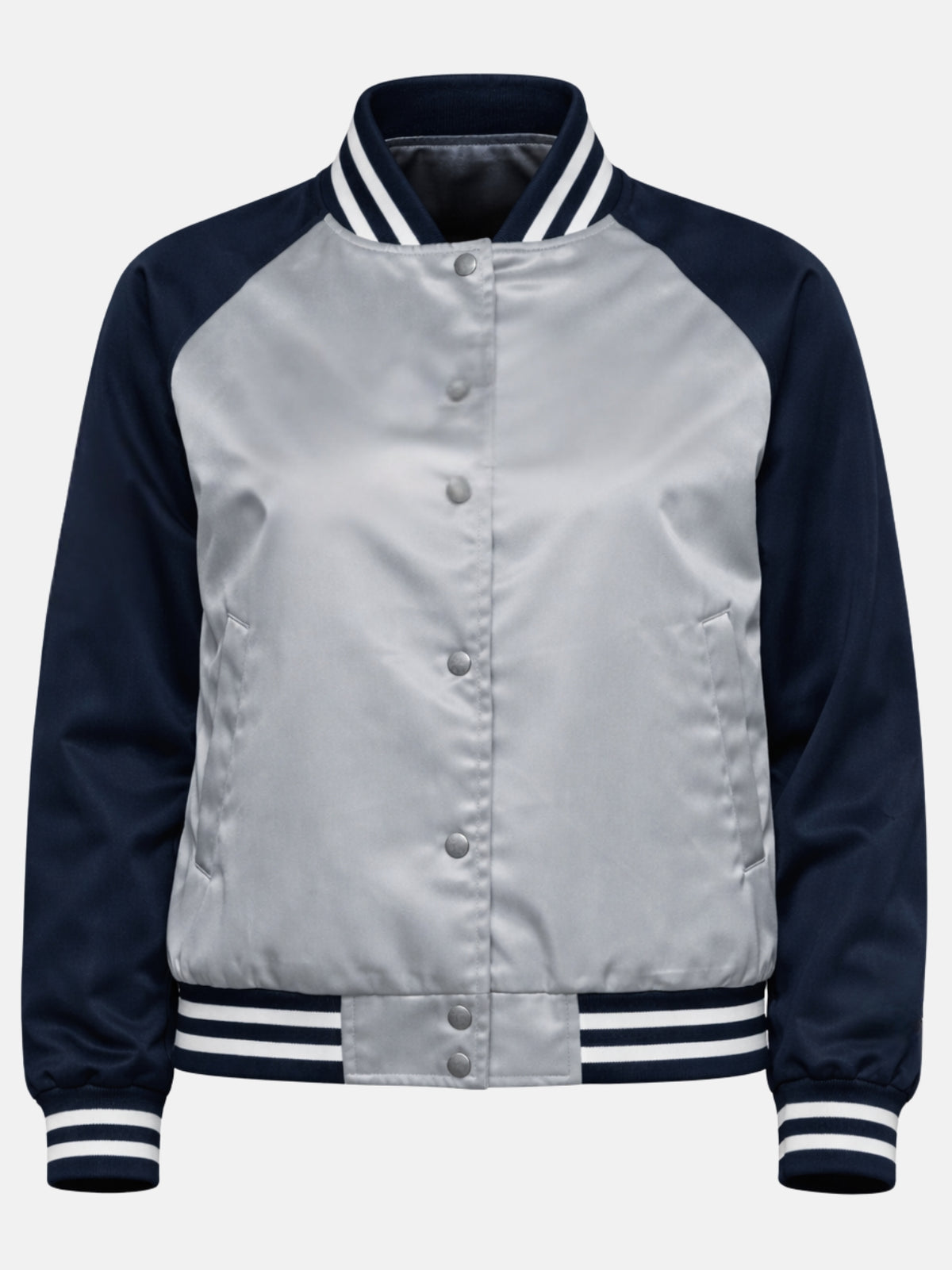 Flat lay front of silver satin jacket with navy sleeves and single pocket