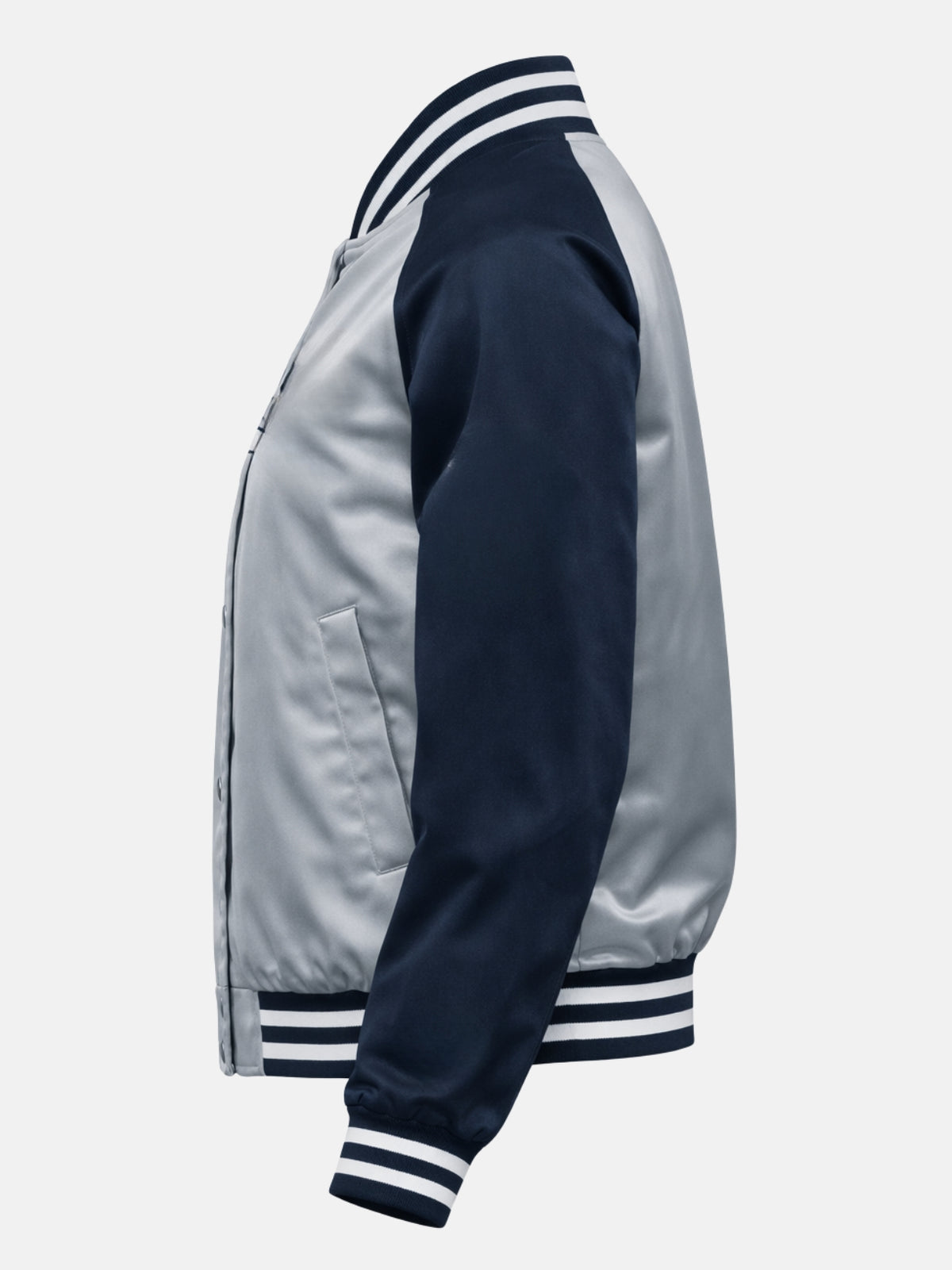 Flat lay side view of silver satin jacket with navy ribbed cuff
