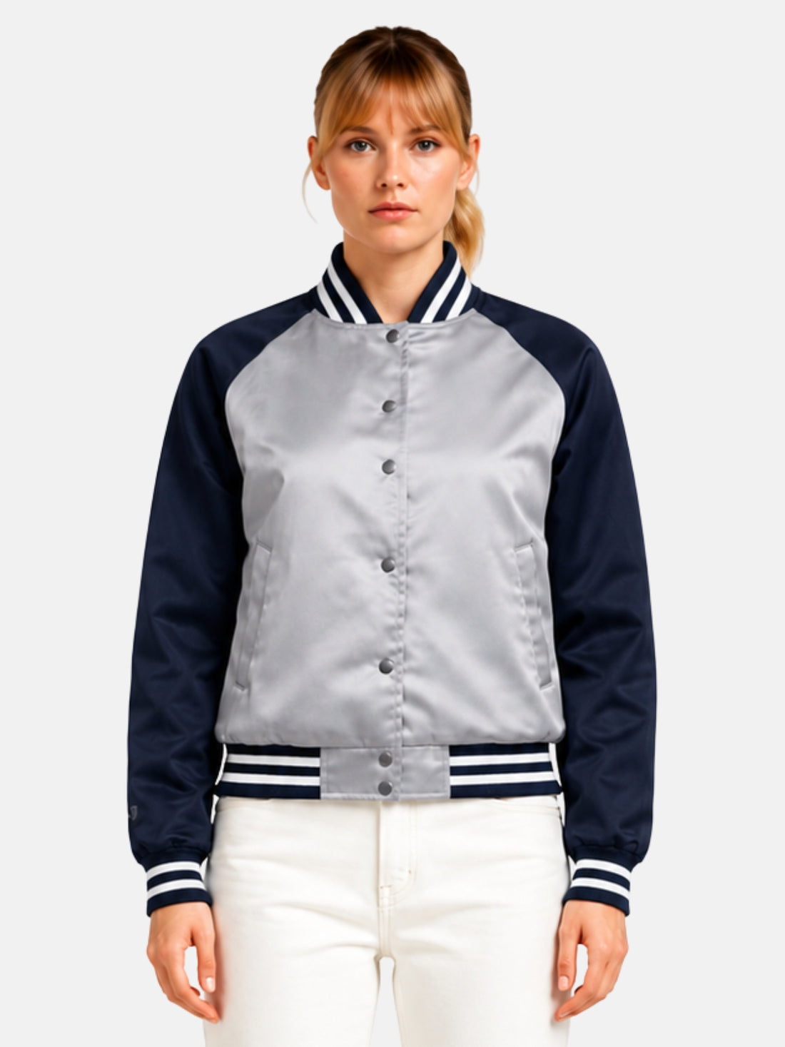 Silver and navy satin varsity jacket with ribbed collar and snap closure