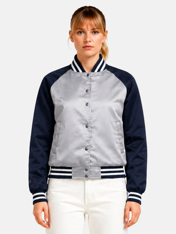 Silver and navy satin varsity jacket with ribbed collar and snap closure