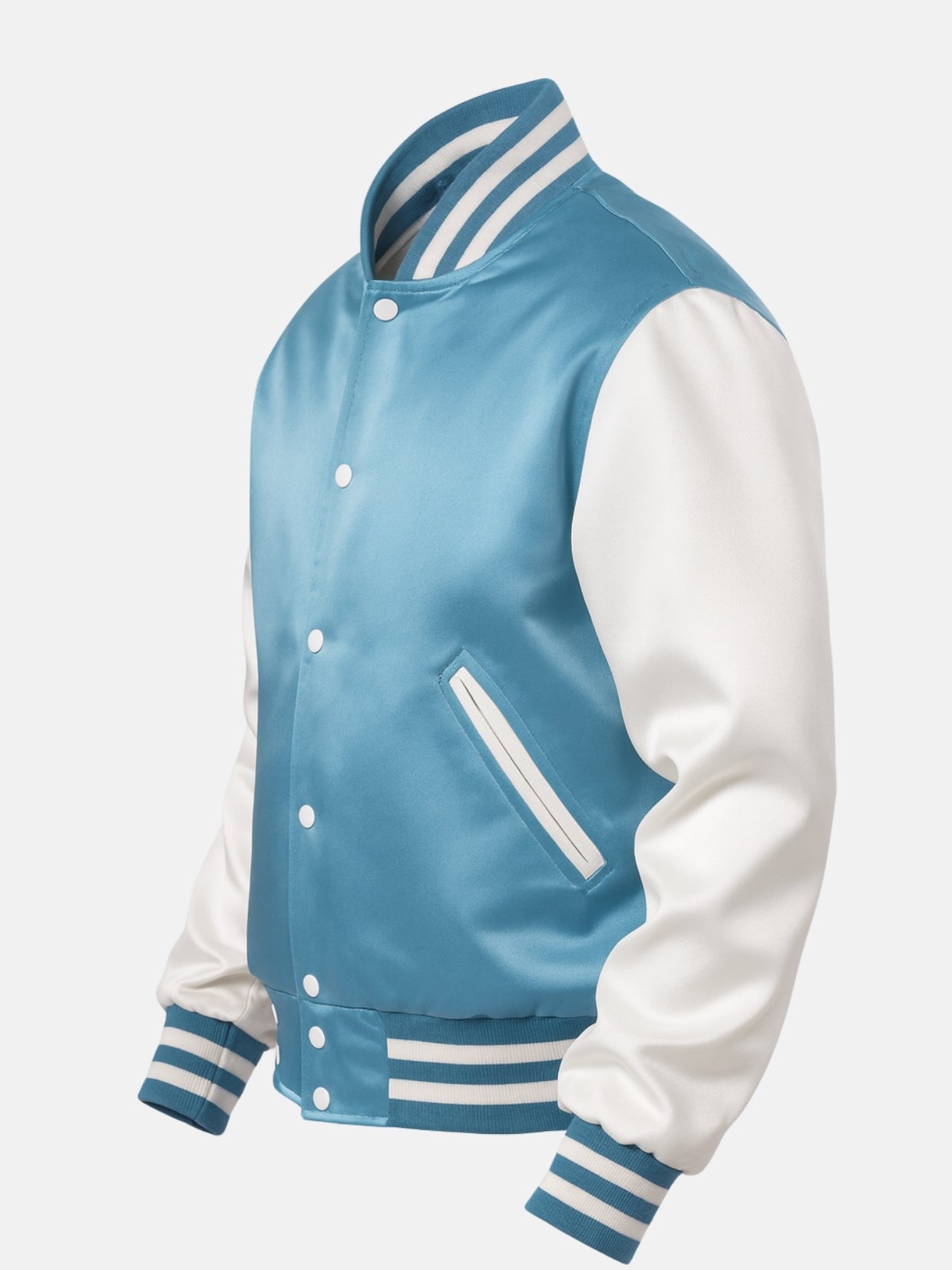 Angled front view of a sky blue satin varsity jacket with striped rib trims
