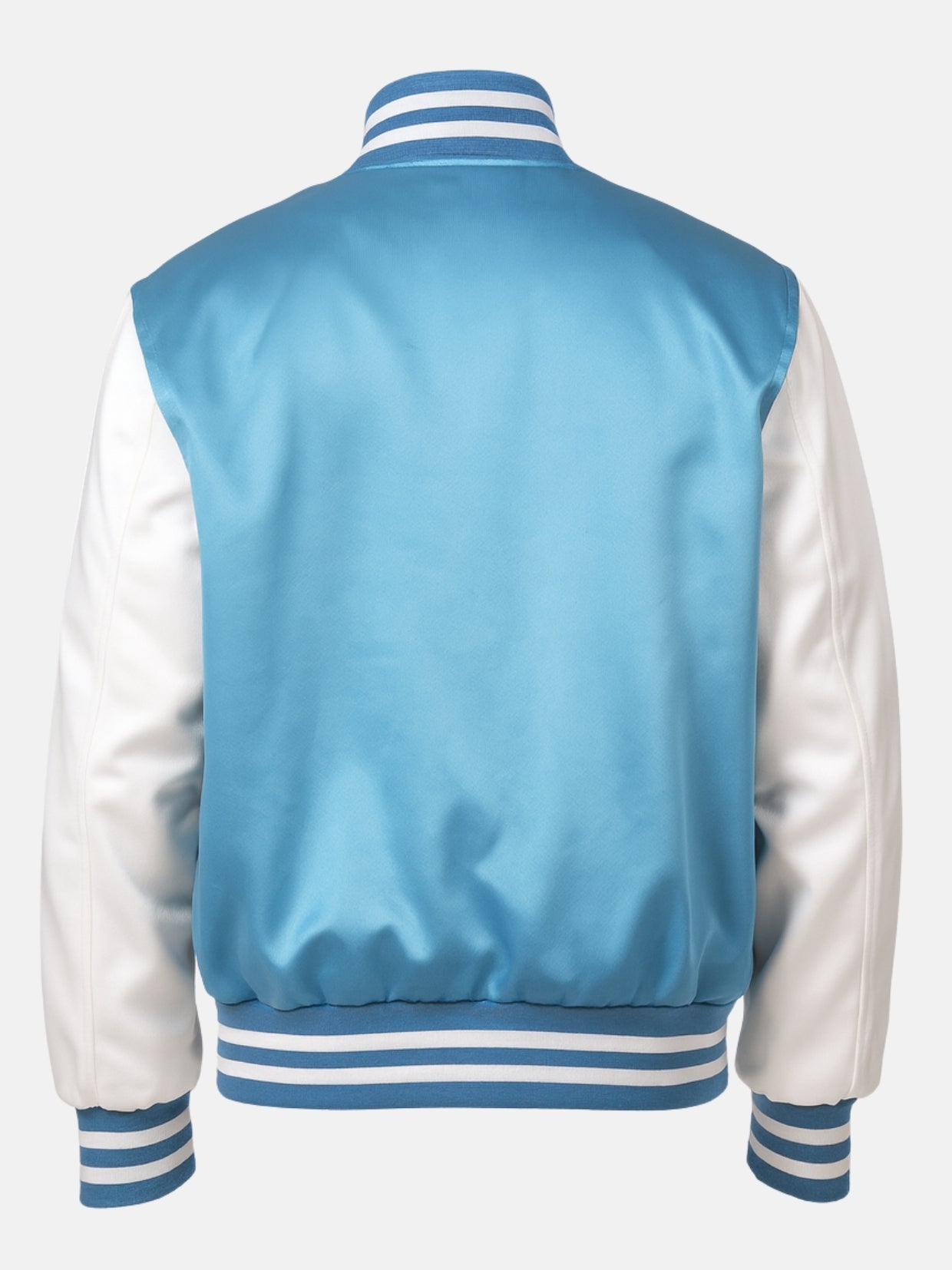 Clean blank back of a sky blue satin varsity jacket with white sleeves, flat shot