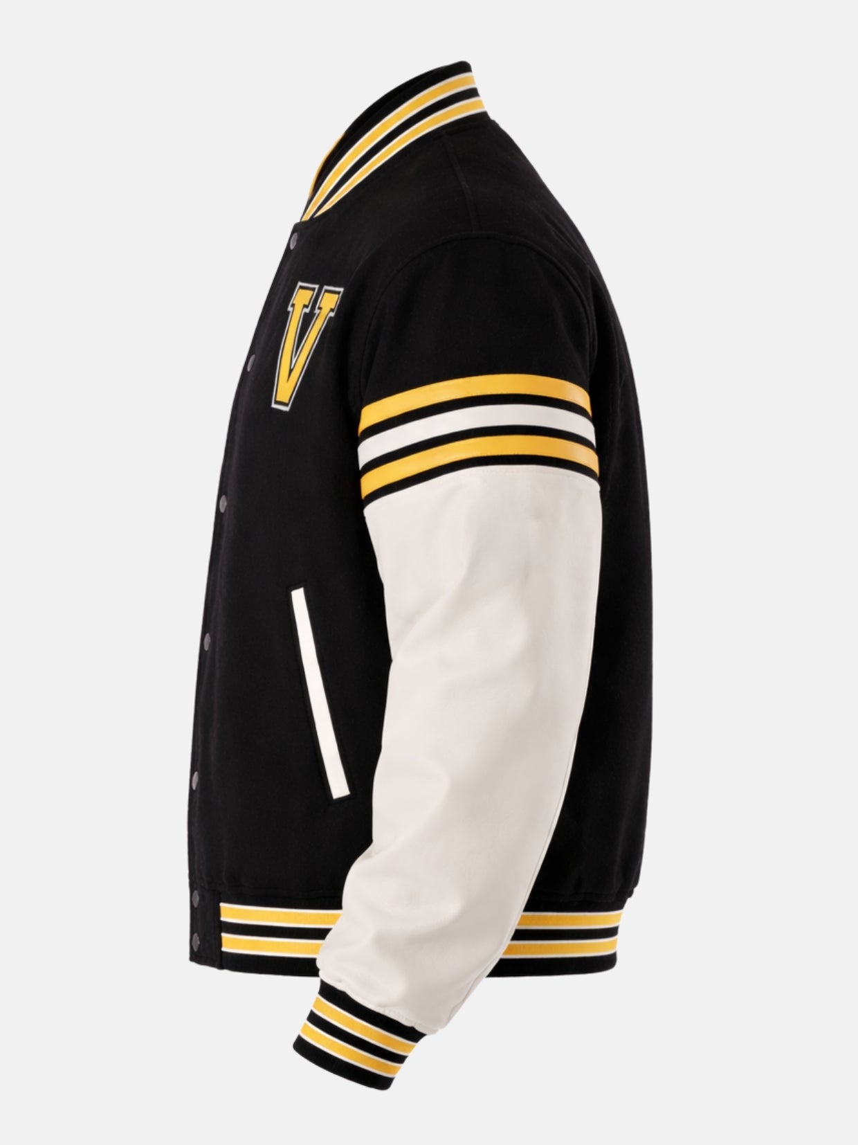 Gold striped bicep band and V patch on oversized black varsity jacket, side view