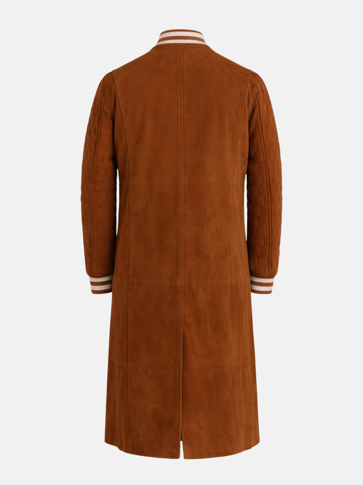 Back of tan suede varsity coat with center back vent and quilted sleeves