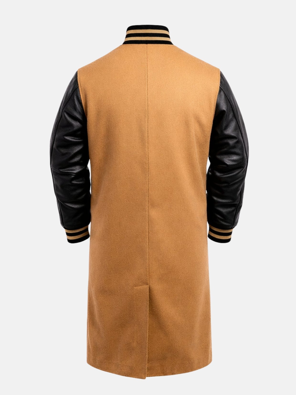 Back of tan wool varsity trench coat with center vent and striped rib collar