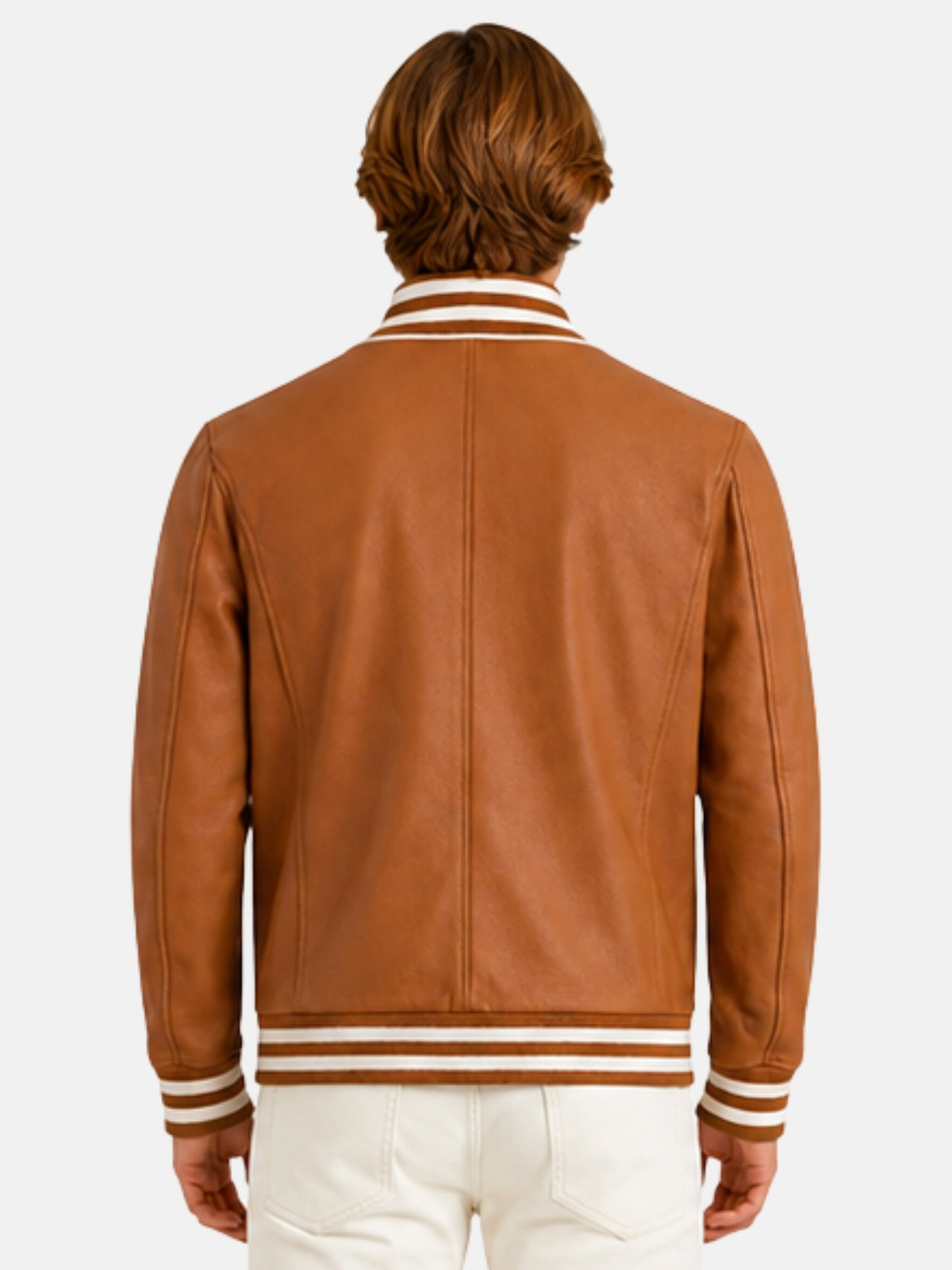 Model showing back of tan leather letterman bomber with striped collar