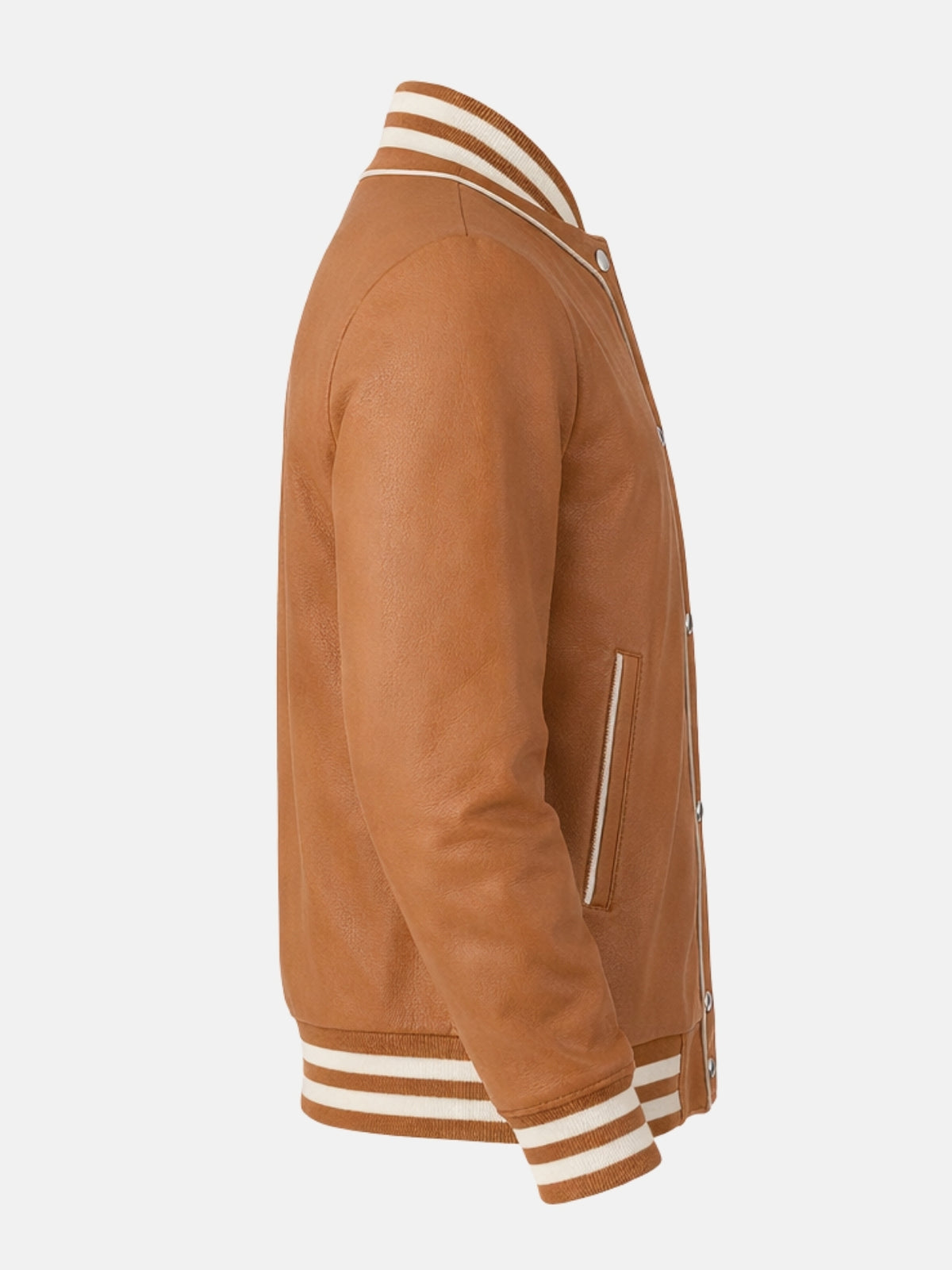 Side view of tan leather letterman bomber with cream striped cuffs