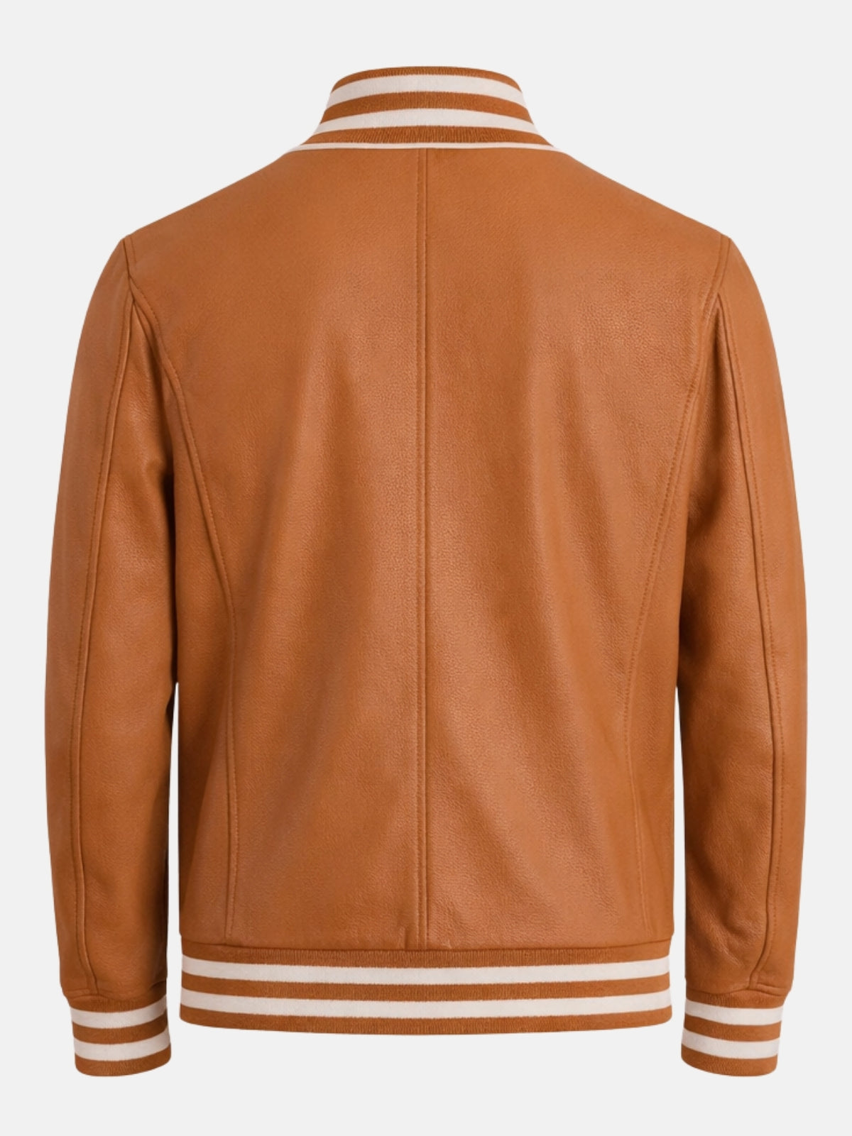 Back of tan leather letterman bomber with curved seams and striped hem