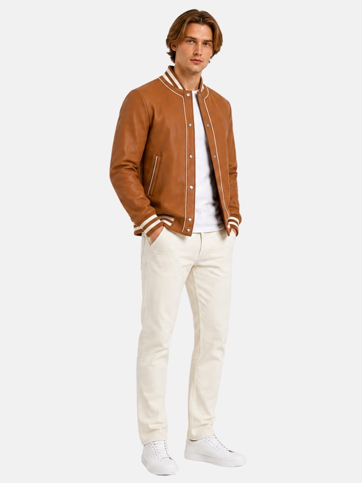 Full-length look with tan leather letterman bomber, white tee and cream jeans