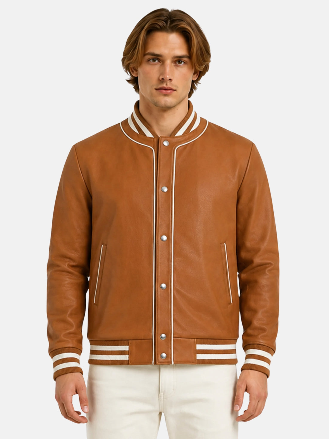 Man wearing tan leather letterman bomber with cream piped snap front
