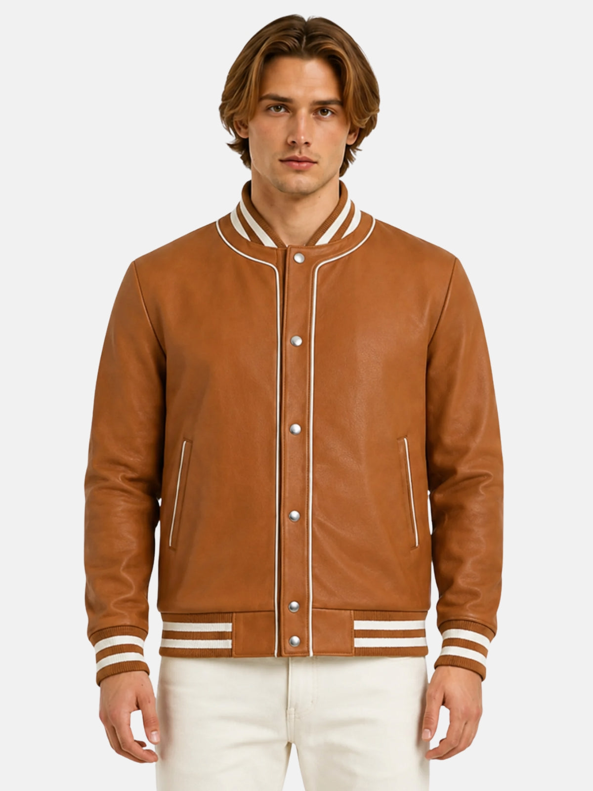 Man wearing tan leather letterman bomber with cream piped snap front