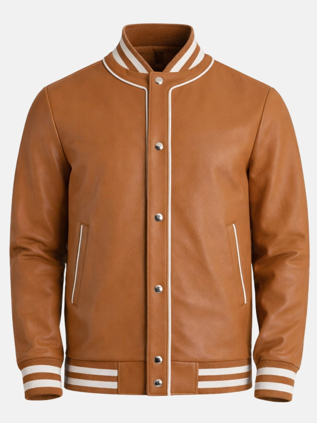 Man wearing tan leather letterman bomber with cream piped snap front
