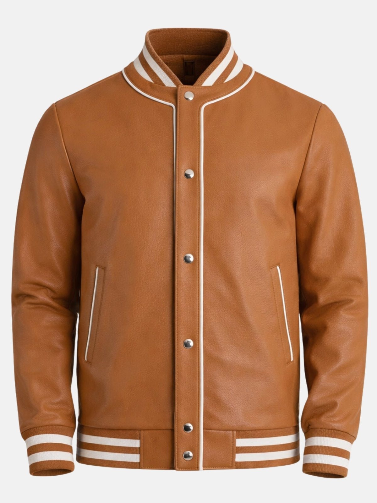 Tan leather letterman bomber with silver snaps and cream piping down the placket