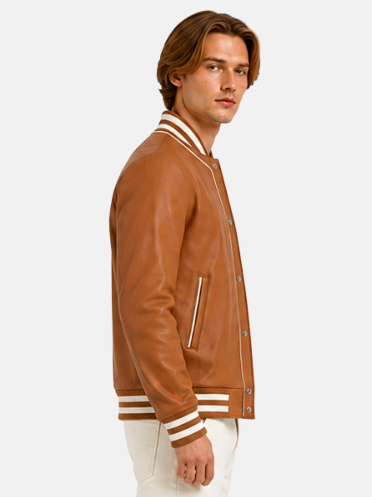 Side profile of tan leather letterman bomber with cream piped pocket