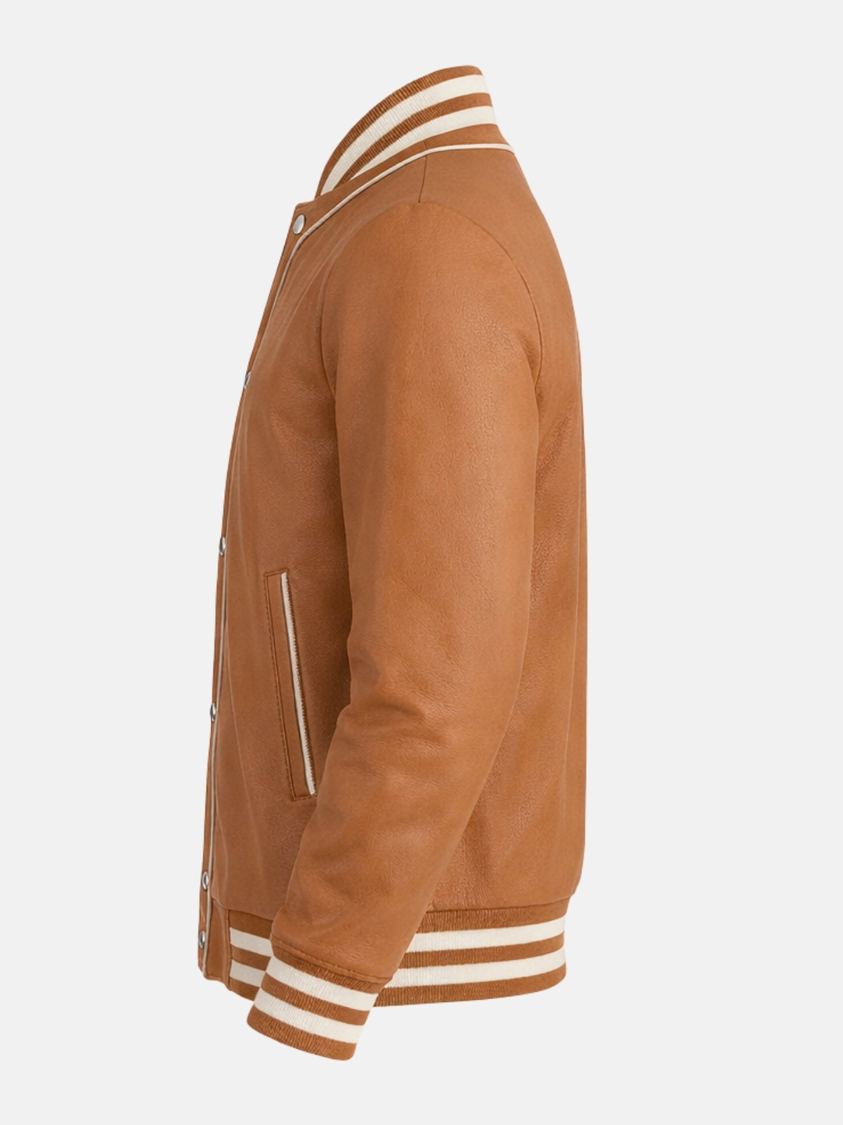 Cream piped placket and welt pocket on tan leather letterman bomber, side view
