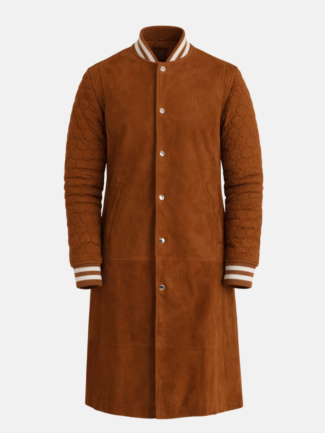 Man wearing knee-length tan suede varsity coat with quilted sleeves and striped rib collar