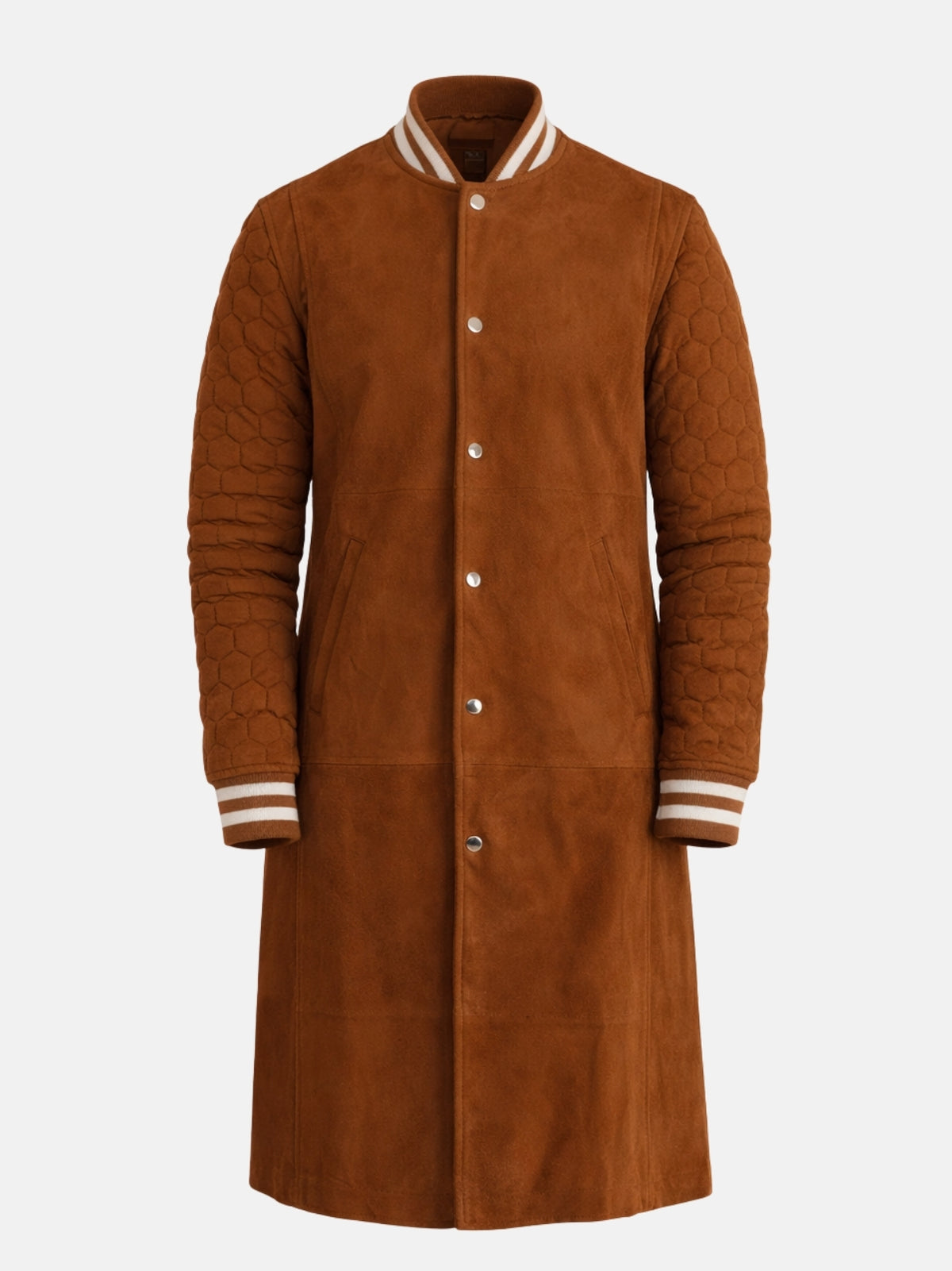 Tan suede varsity coat with silver snap placket, welt pockets and striped rib collar
