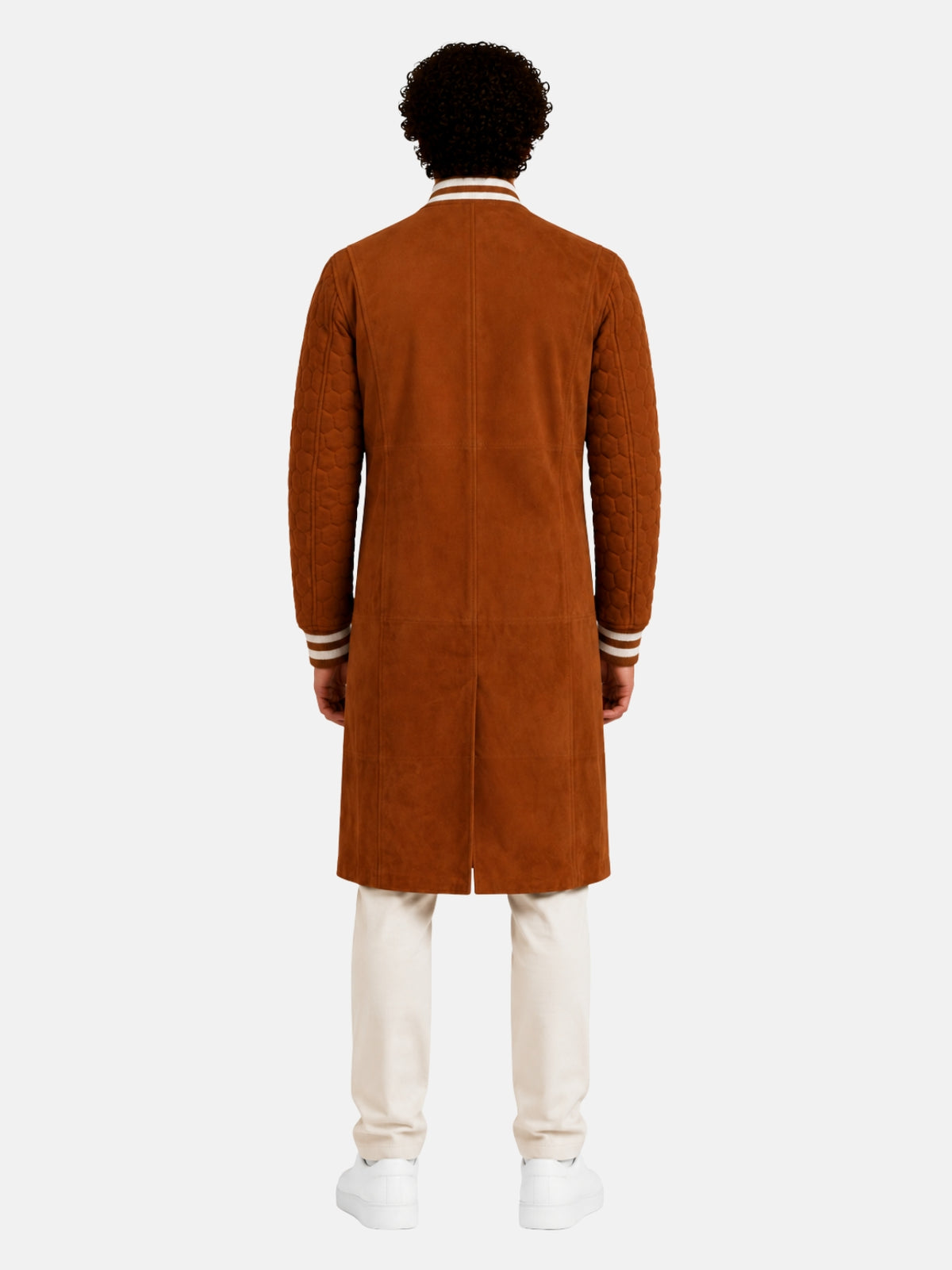 Back view of knee-length tan suede varsity coat with center vent on model