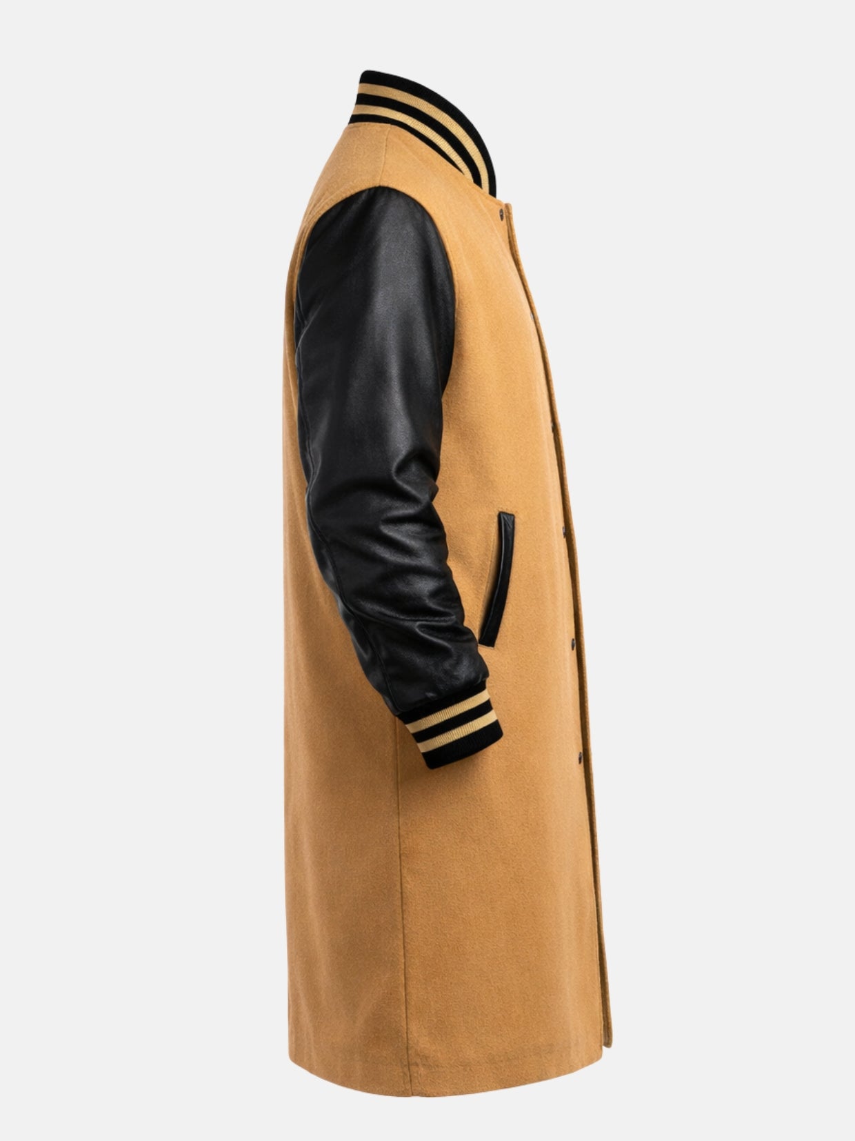 Profile of tan varsity trench coat with black cowhide sleeve and striped knit trims