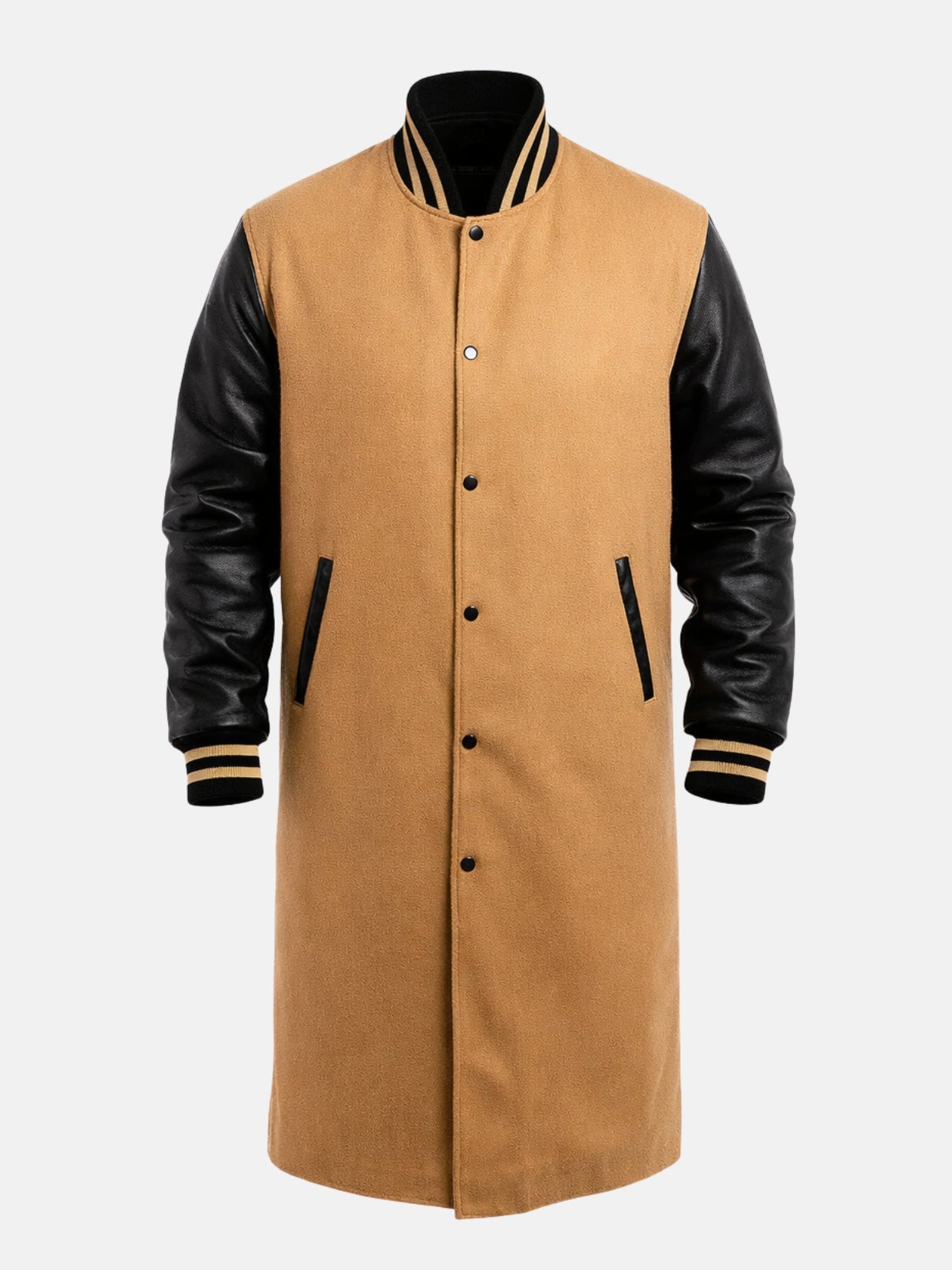 Tan wool varsity coat with black leather sleeves, snap front and leather-trimmed pockets