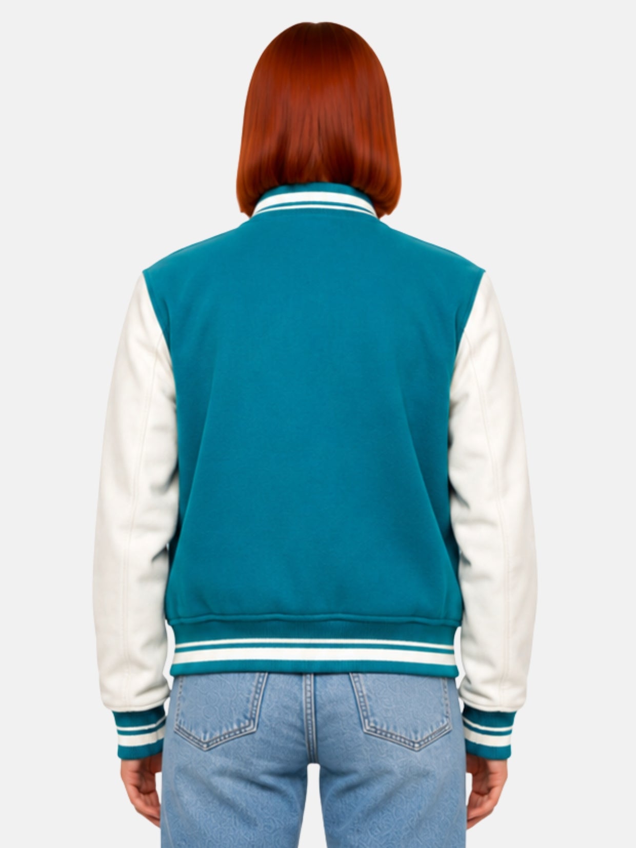Back view of teal varsity jacket with white sleeves and ribbed collar trim