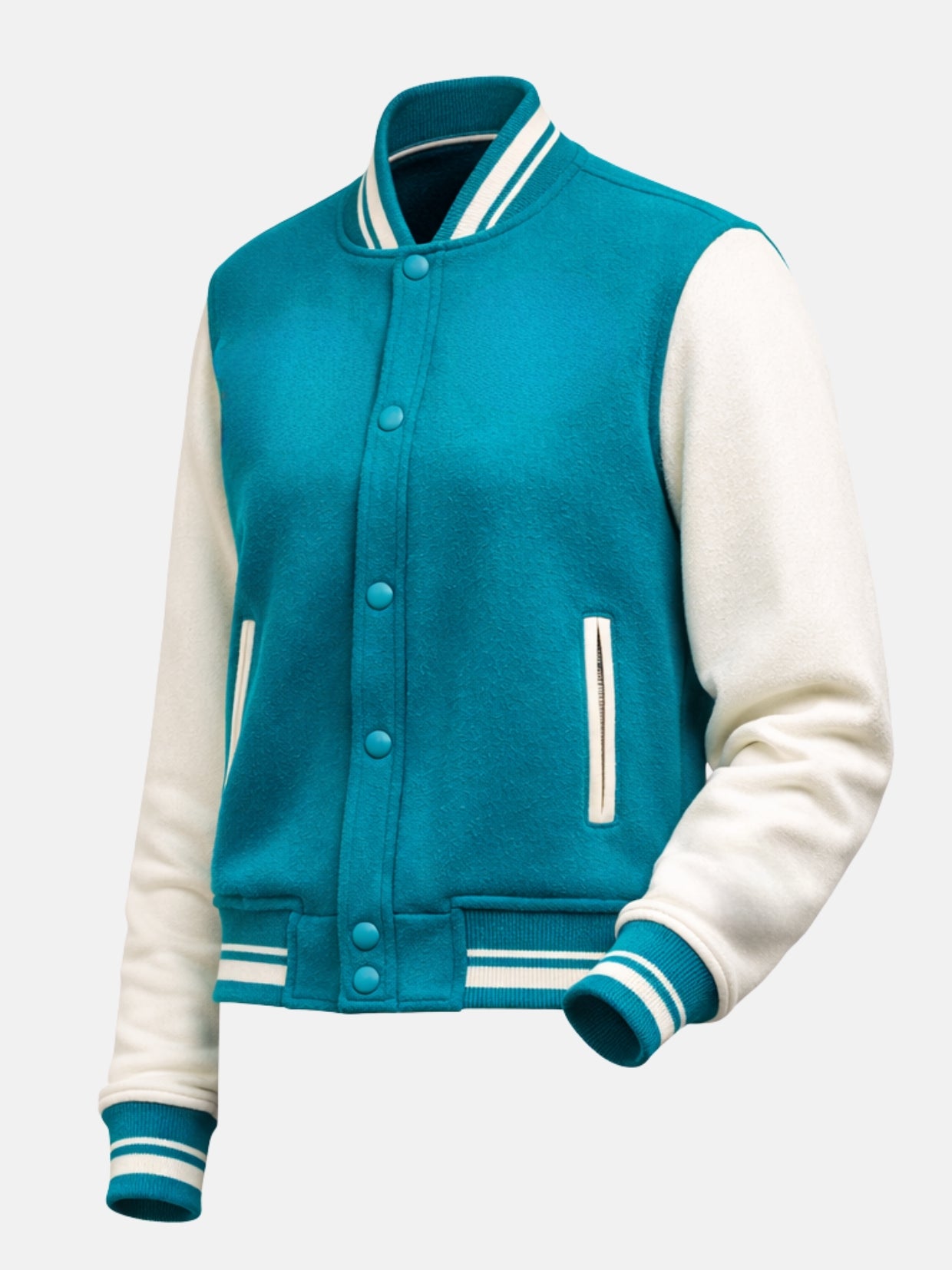 Angled flat lay of teal varsity jacket highlighting white sleeve and ribbed trim