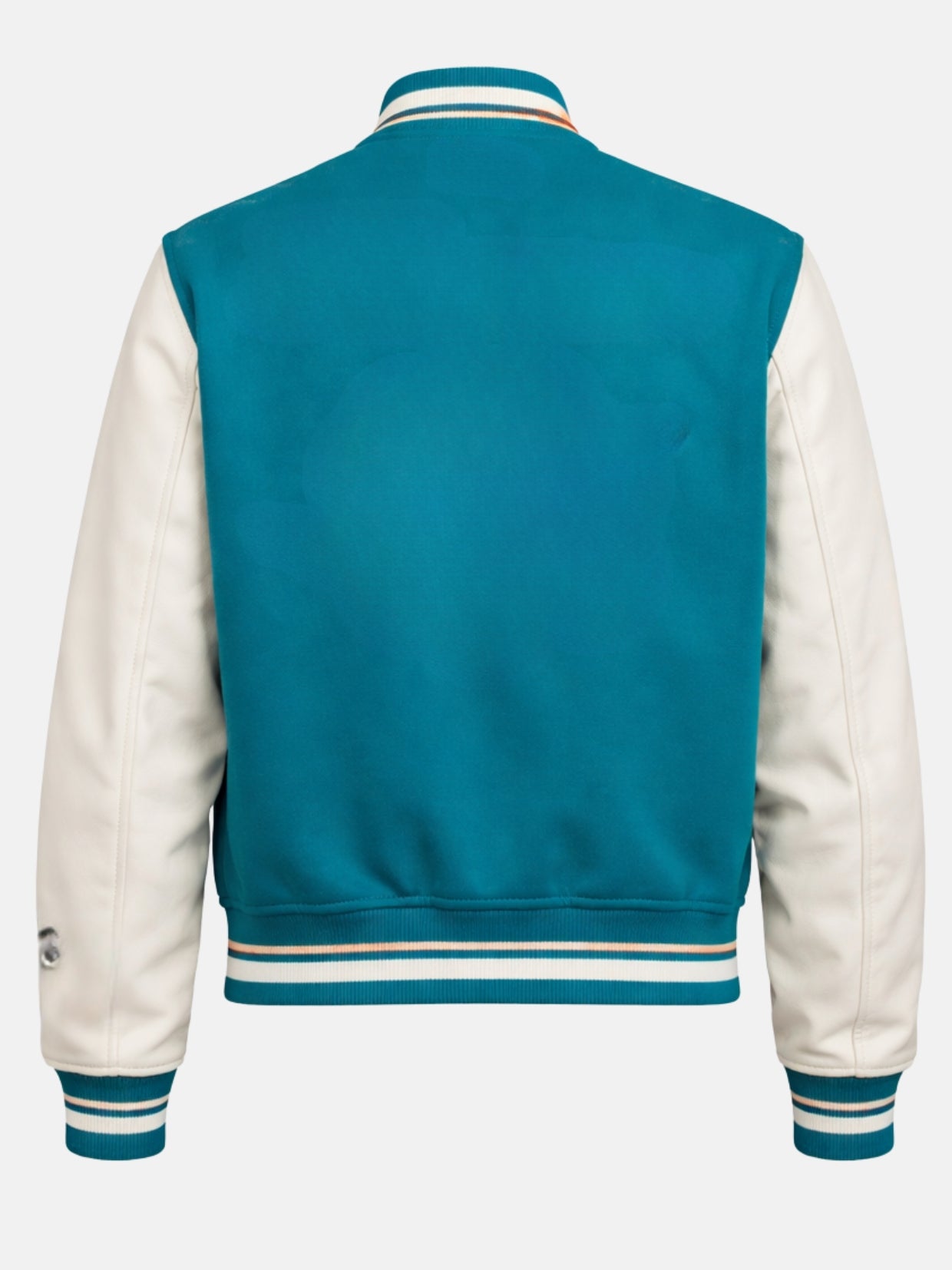 Flat lay back of teal varsity jacket showing ribbed collar and cuff detail
