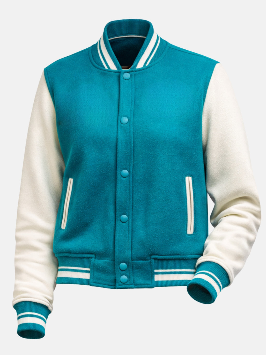Teal and white varsity jacket with ribbed collar and snap placket, front close-up