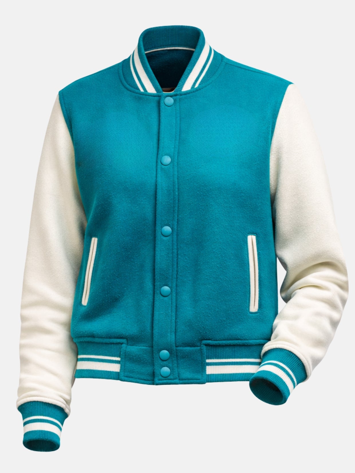Flat lay front of teal and white varsity jacket with ribbed trim and snap buttons