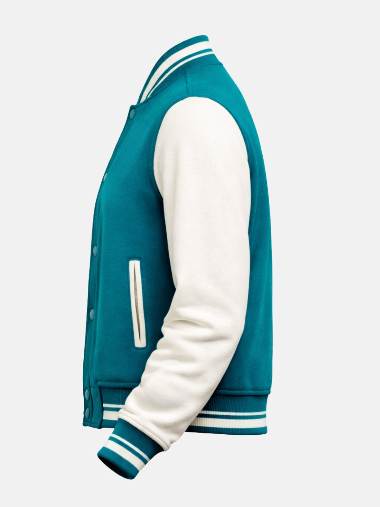 Flat lay side view of teal and white varsity jacket with ribbed waistband