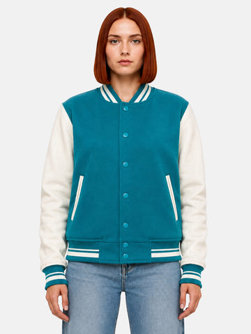 Teal and white varsity jacket with ribbed collar and snap placket, front close-up
