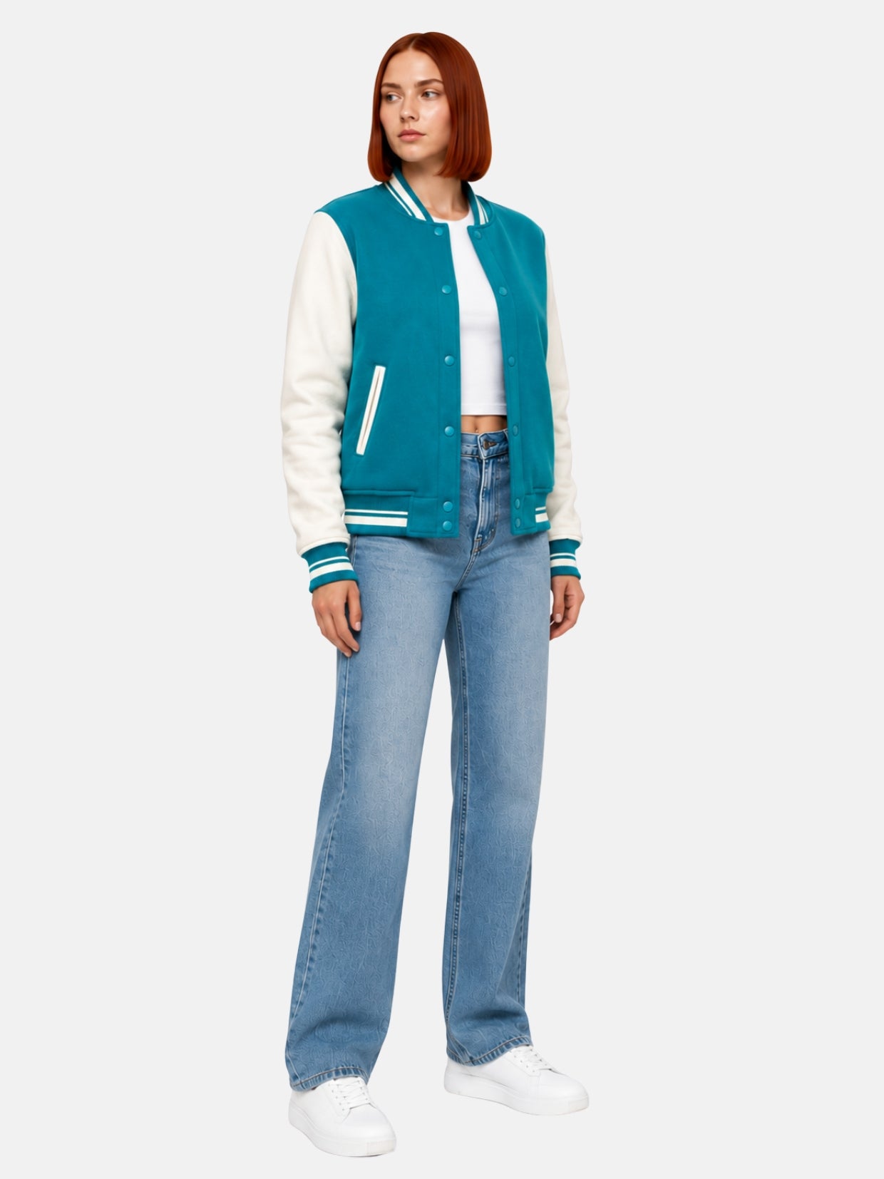 Teal wool varsity jacket with white sleeves, full front view on model