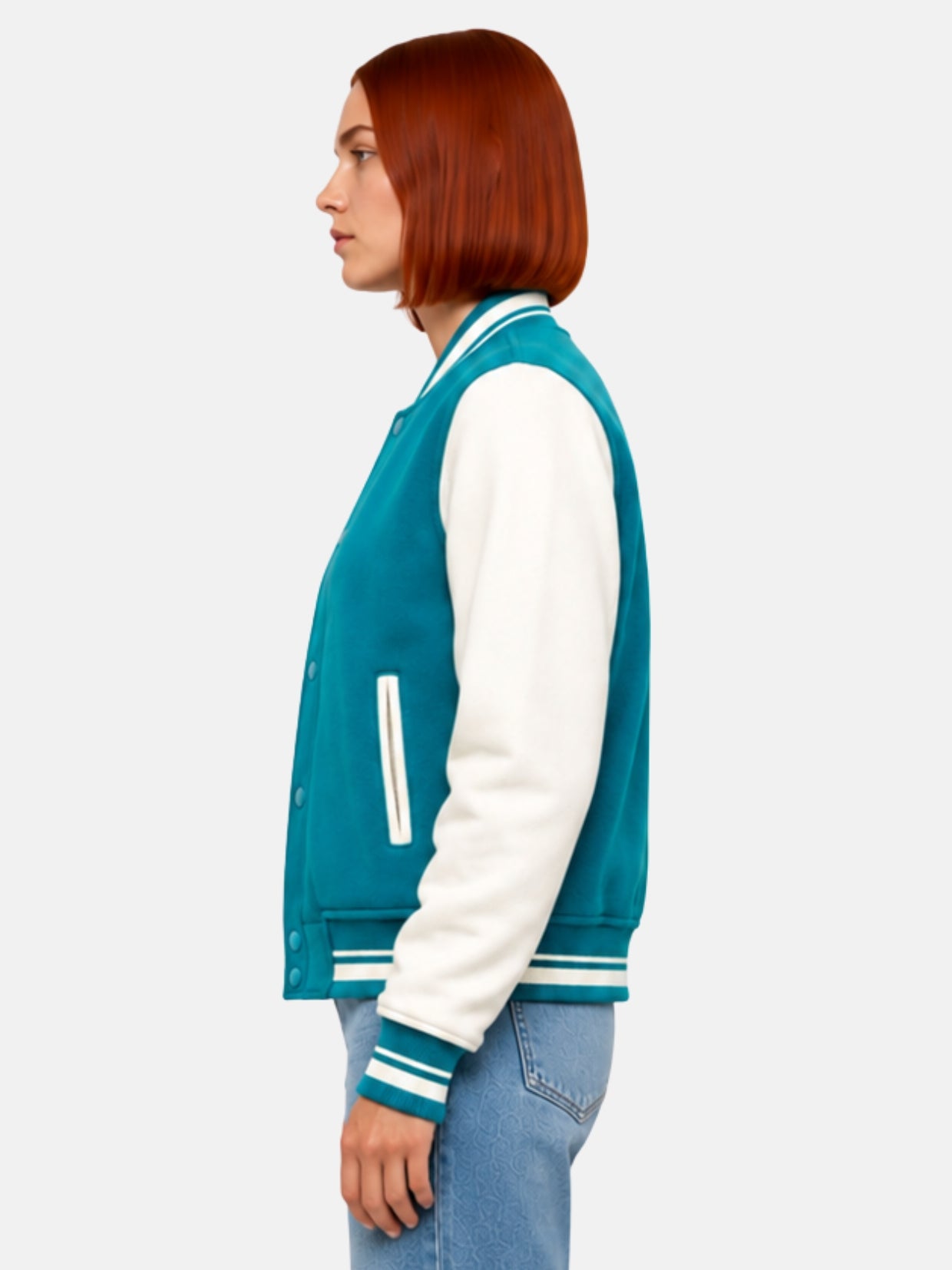 Side profile of teal and white varsity jacket showing ribbed cuff detail