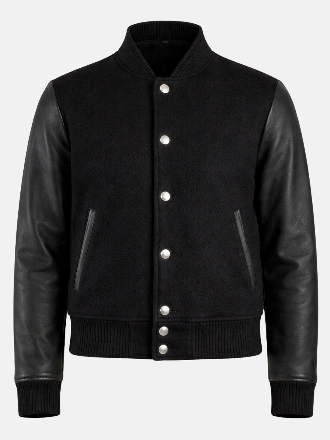 Woman wearing a triple black varsity jacket with tonal leather sleeves and matte snaps
