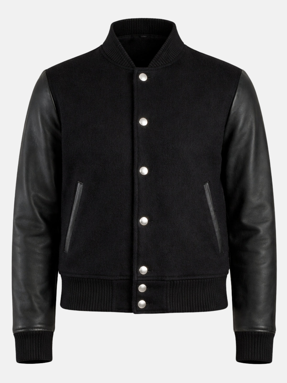 Triple black varsity jacket flat front with silver snaps and leather-trimmed welt pockets